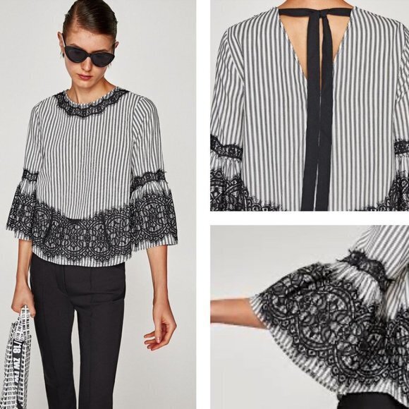 Zara Striped Bell Sleeve Top with Lace Detailing Womens Size S Blouse Crewneck - Picture 1 of 11